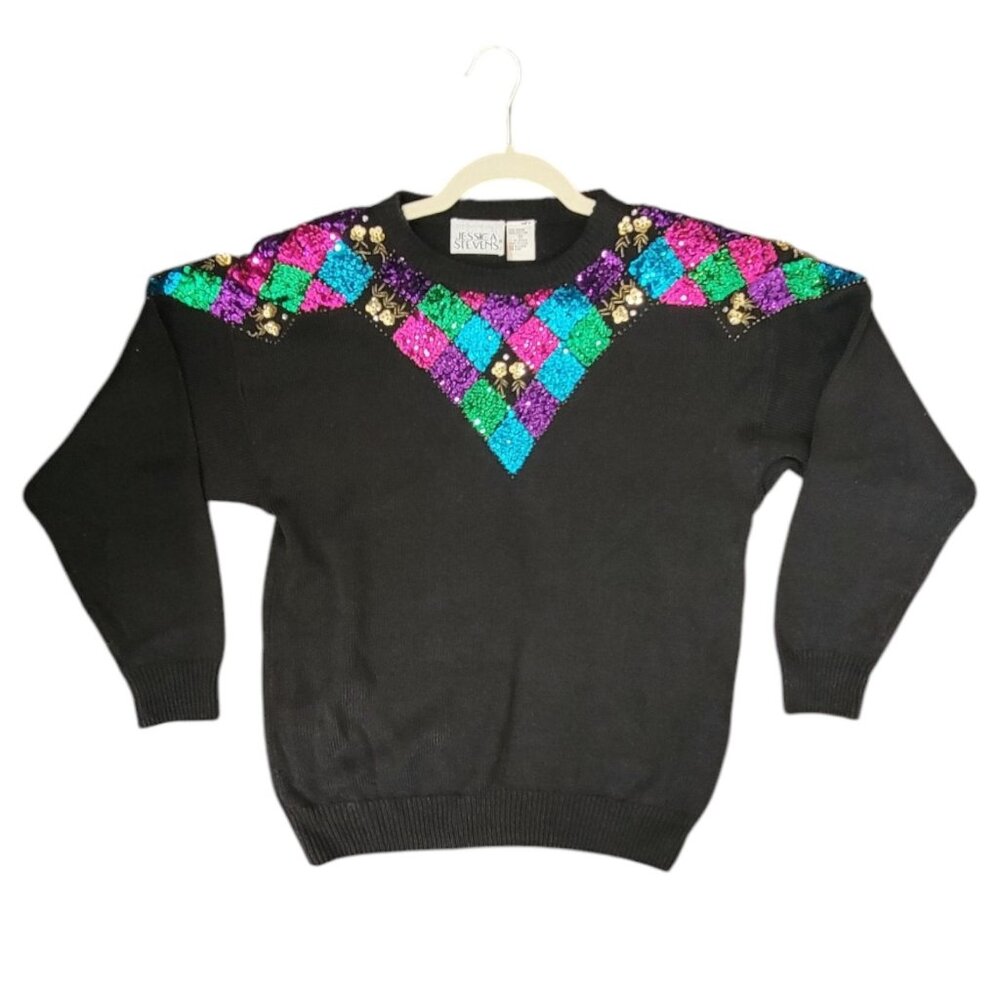 Vtg Womens Sequin Sweater Medium Glam Sparkle 80 90 Yoke Colorful Classic Party